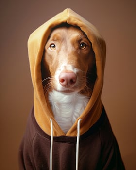 Dog Wearing Brown Yellow Hoodie, Equal Parts Adorable and Warm, Brown Neutral Background, Style Meets Comfort, Perfect For Pet Fashion Concepts, Cozy Design, Front View Studio Photo
