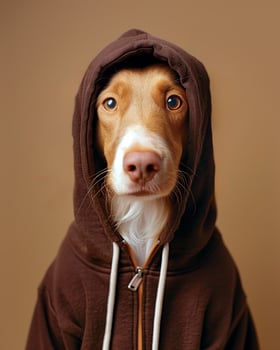 Brown-Hooded Dog Portrait With Focused Expression, Dog Wearing Hoodie, Isolated On Brown Background, Pet Fashion Photography, Playful Canine Clothing, Captivating Pet Portrait, Holiday-Themed photo