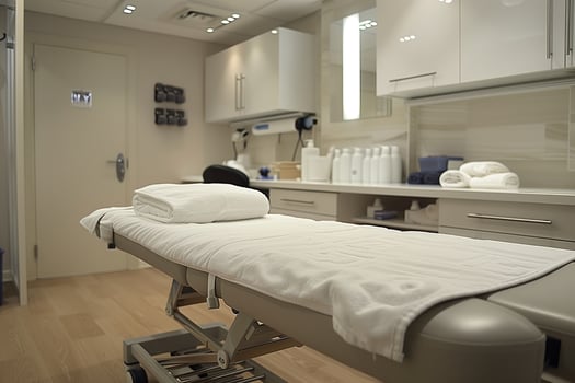 Empty treatment room ready for client with white towels and table photo