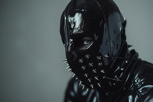 Close up portrait of a person wearing a black spiked leather mask photo