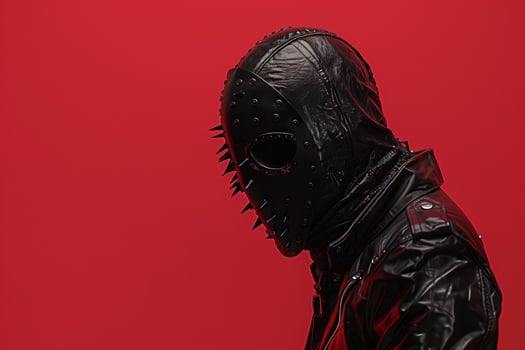Person wearing black leather mask and jacket against red background photo