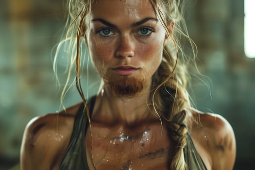 Woman with blonde hair and a beard looking intensely at the camera, hormonal imbalance photo