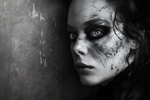 A womans face with dark marks gazes out from the shadows photo