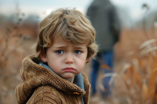 A young boy with blonde hair is standing in a field. He is looking directly at the camera photo
