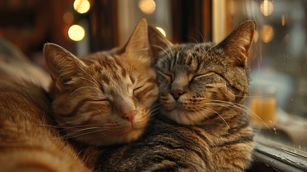 Two adorable cats snuggling together by a window with a warm, cozy glow in the background, perfect for conveying warmth and affection. photo