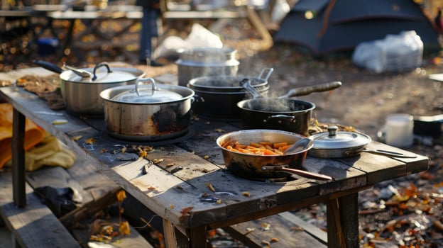 A makeshift cooking station has been set up with pots and pans ready to prepare a delicious meal photo