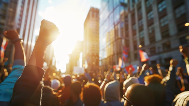 Silhouettes of people with raised fists symbolize unity, resilience, hope, and empowerment in activism photo