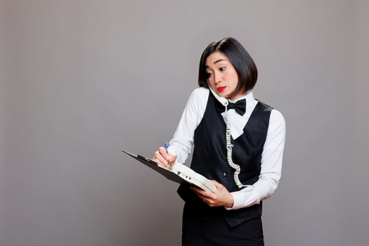 Confused young asian waitress managing conversation on landline phone and writing on clipboard. Restaurant receptionist in uniform maintaining records while chatting with customer on telephone photo