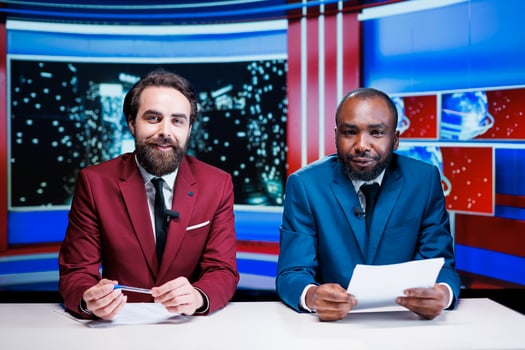 Journalists reporting latest news live on late night show, transmitting information about international events in newsroom. Diverse team of tv hosts working on media entertainment segment. photo