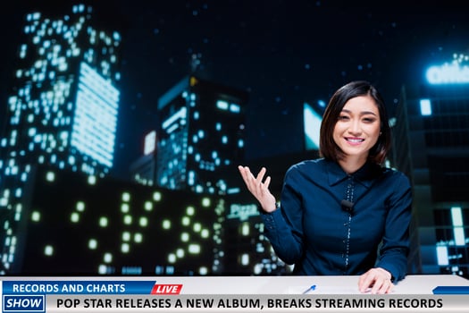 Artist breaking records and charts tops with new album release, woman presenter talking about pop start launching music. Night show host introducing new songs from famous musician. photo