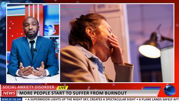 Social anxiety disorder latest news, african american broadcaster addressing burnout problems among corporate workers. Journalist doing newscast reportage about startup exhaustion. photo