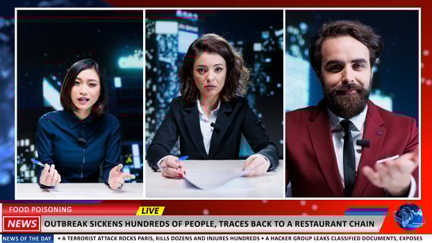 Virus outbreaks scares population, problem traced back to unsafe restaurant serving turned meals to clients. Expert show colleagues debating food poisoning problems, consumers protection. photo
