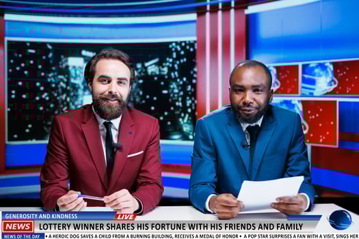 TV show hosts address worldwide events like person giving lottery prize money to charity, donating to the poor. News broadcasters team reading latest headlines, content for live television channel. photo