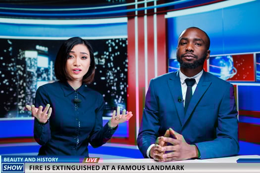 Newscasters announcing fire hazard at famous landmark, firefighters stopping flames from destroying history and beauty. Presenters team doing television reportage on night show live. photo