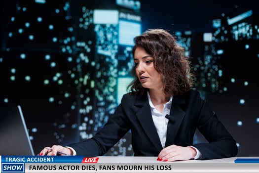 Newscaster announces death of famous actor on midnight show, reminiscing about good movies and his work on live international tv. Devastated fans mourning appreciated celebrity. photo