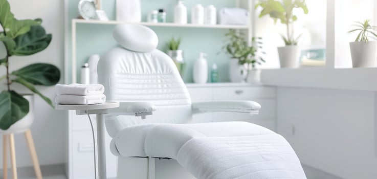 Modern spa treatment room with a white reclining chair, ready for a relaxing session. Minimalist decor with plants and soft lighting. photo