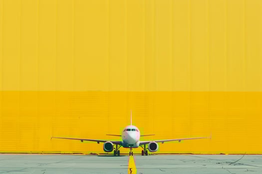 Airplane front view against vibrant yellow background photo