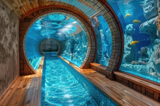 Underwater tunnel aquarium with exotic fish photo