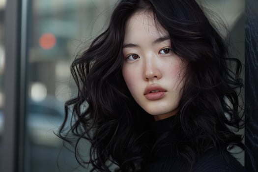Serene beauty, asian woman with flowing hair photo