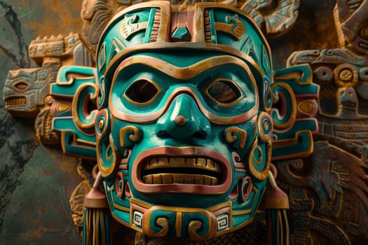 Ancient mayan mask sculpture on textured background photo