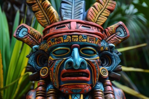 Colorful mayan mask sculpture with tropical background photo