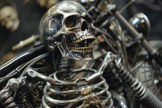 Chrome skeleton with grinning skull mounted on custom motorcycle photo