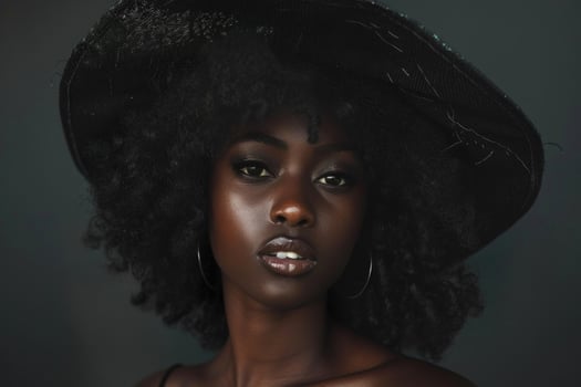 Beautiful black woman posing wearing fashionable black hat photo