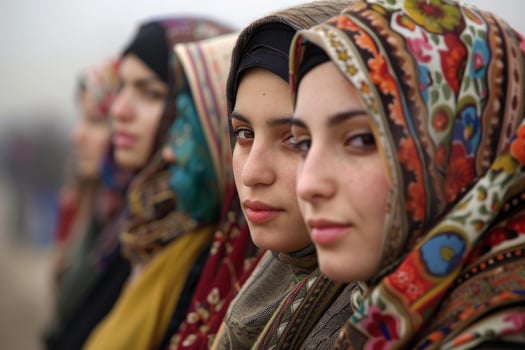Group of young women wearing colorful hijabs posing outdoors photo