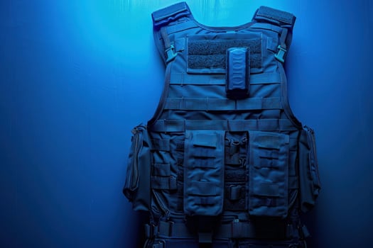 Modern bulletproof vest hanging on blue background photo