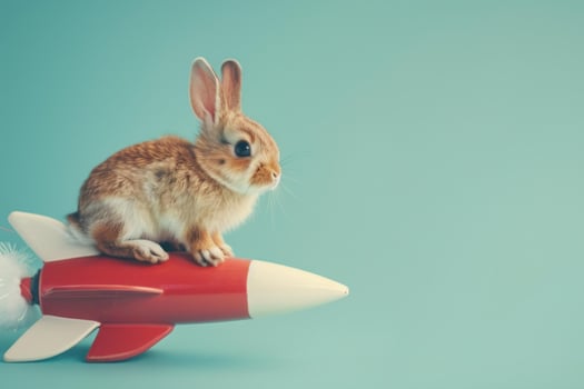 Cute brown bunny riding red rocket ship toy minimal concept photo