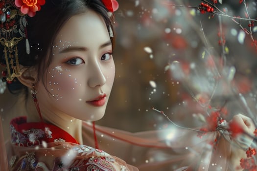 Beautiful asian woman wearing traditional dress posing near blooming tree photo