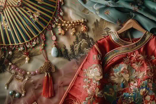 Traditional chinese hanfu dress and accessories displayed on silk fabric photo
