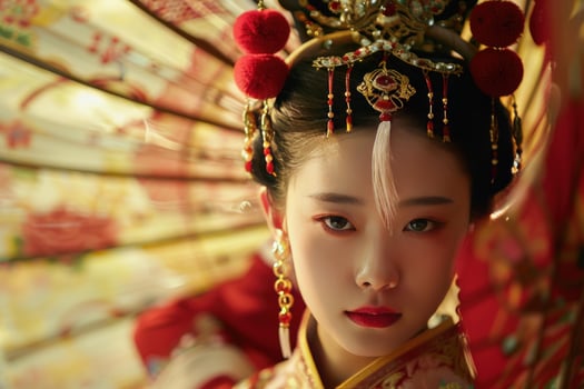 Beautiful chinese woman posing with traditional headwear and fan background photo