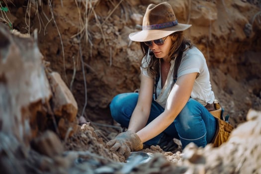Focused archaeologist carefully excavating relics at a dig site photo