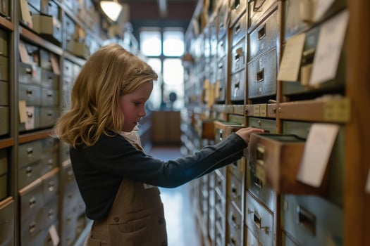 Curious child exploring library card catalog photo