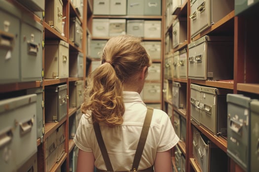 Young woman searches through card catalog drawers in a library archive photo