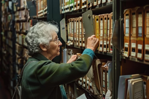 Senior woman searching through library card catalog photo