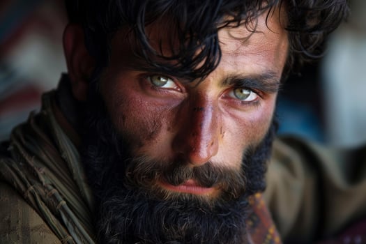 Intense gaze of a bearded man with piercing eyes photo