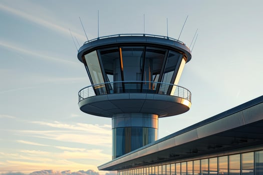 Modern air traffic control tower at sunset photo