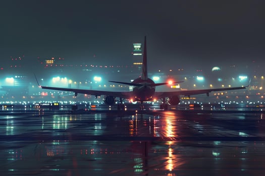 Jet airliner on rainy runway at night photo