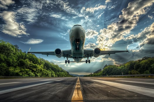 Commercial airplane landing on runway at sunset photo