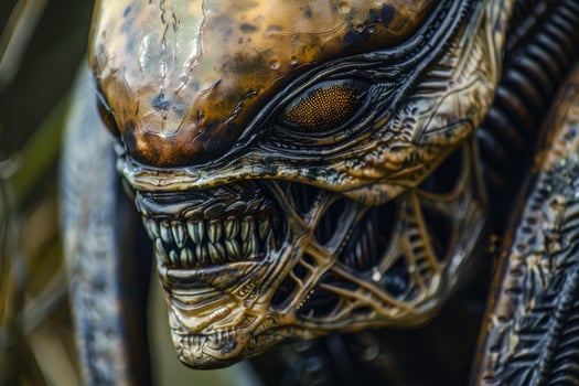 A detailed view of an alien creature's head, showcasing intricate textures and patterns photo