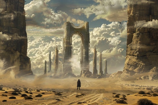 Lone explorer before futuristic desert gateway photo