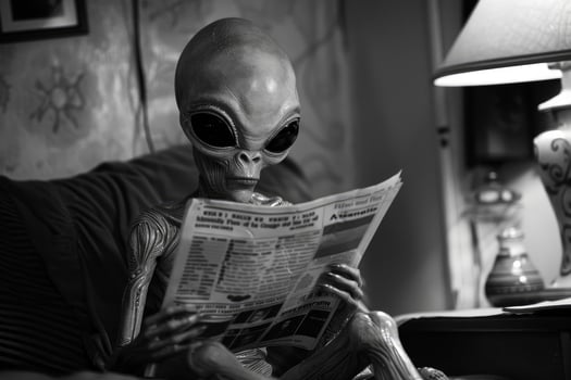 Alien creature reading newspaper at home photo