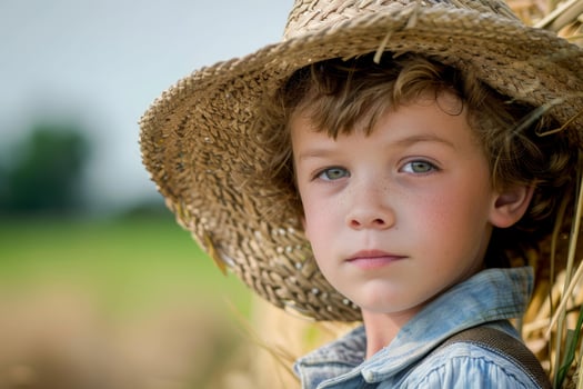 Young boy with straw hat in countryside photo