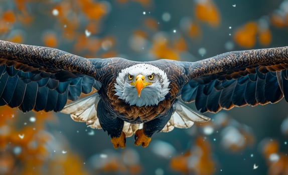 A bald eagle is flying through the air with its wings spread wide photo