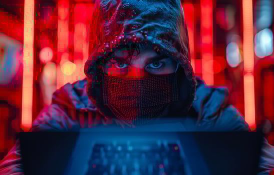 A man wearing a hoodie and a mask is looking at a computer screen photo