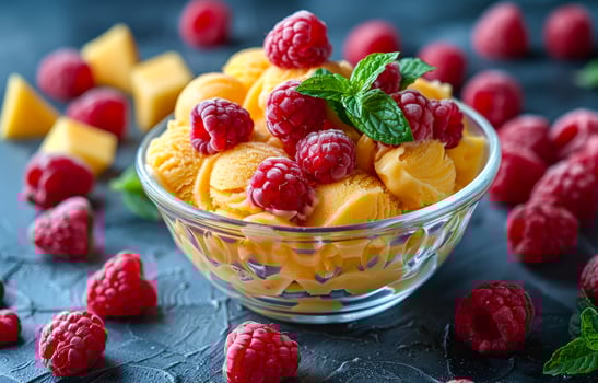 A bowl of ice cream with raspberries and mint leaves photo