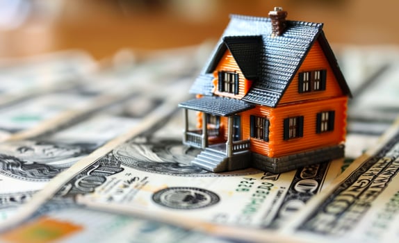 A small house is on top of a pile of money. Concept of wealth and prosperity photo