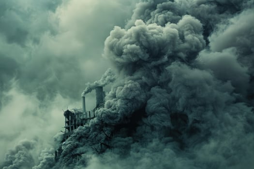 Industrial pollution, factory emitting smoke into atmosphere photo